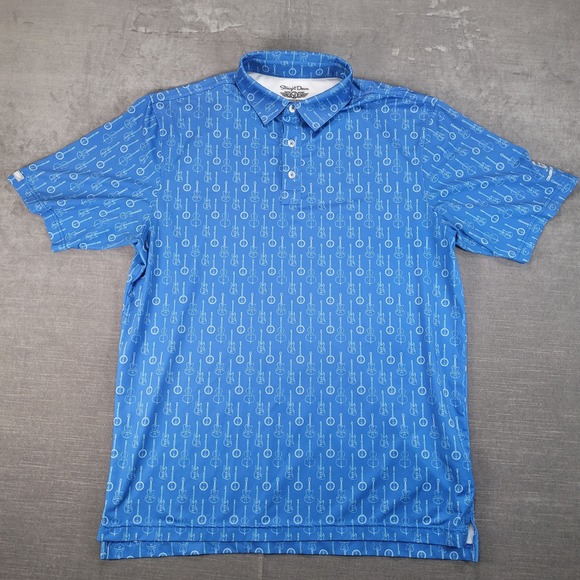 Straight Down Performance Polo Shirt Mens L Blue Guitar Banjo Print Golf Logo - Picture 1 of 9